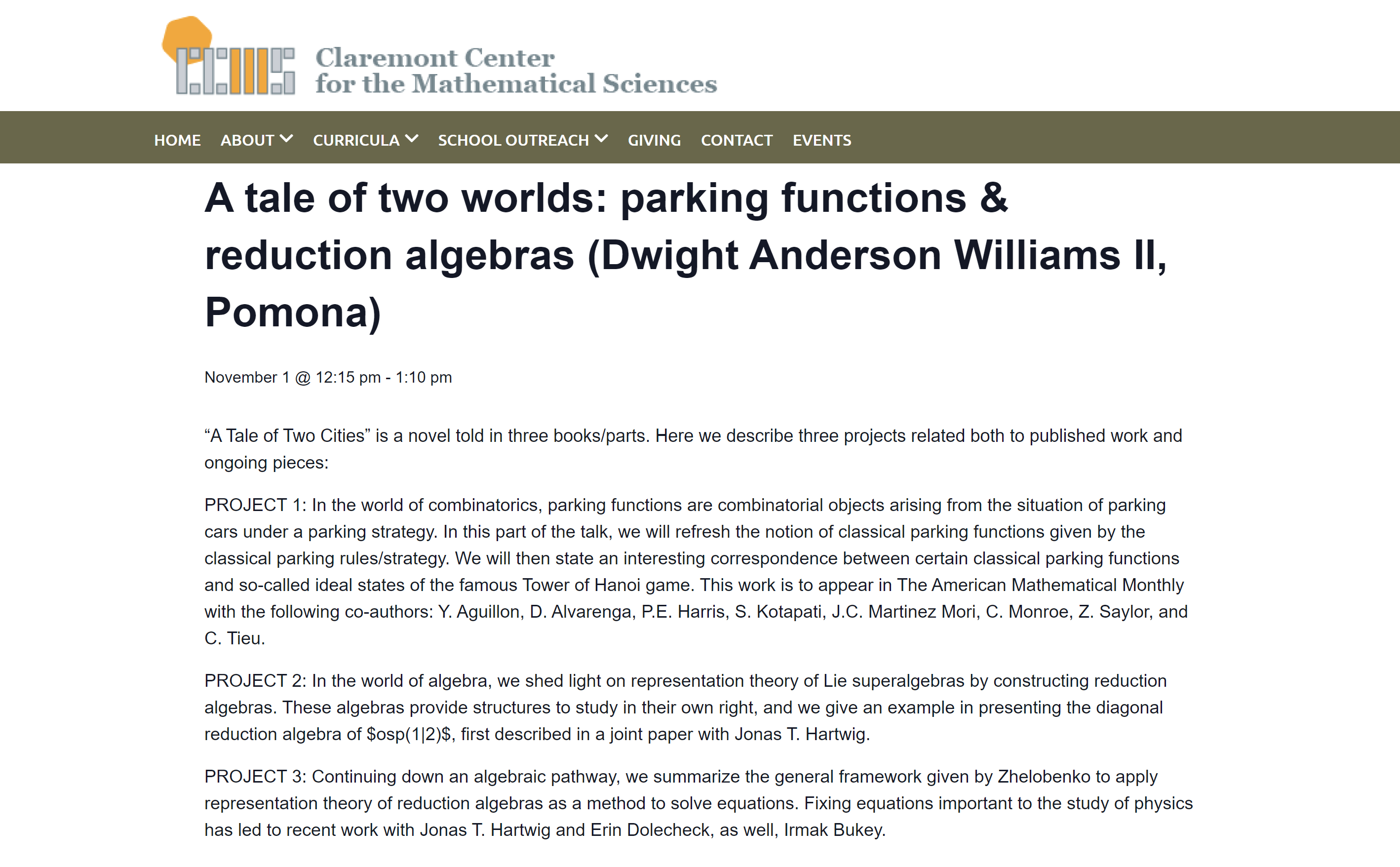 Talk: A tale of two worlds: parking functions & reduction algebras