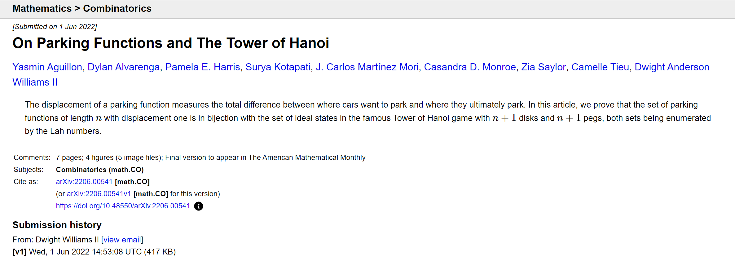 Preprint 2022#2 (#3): On Parking Functions and The Tower of Hanoi